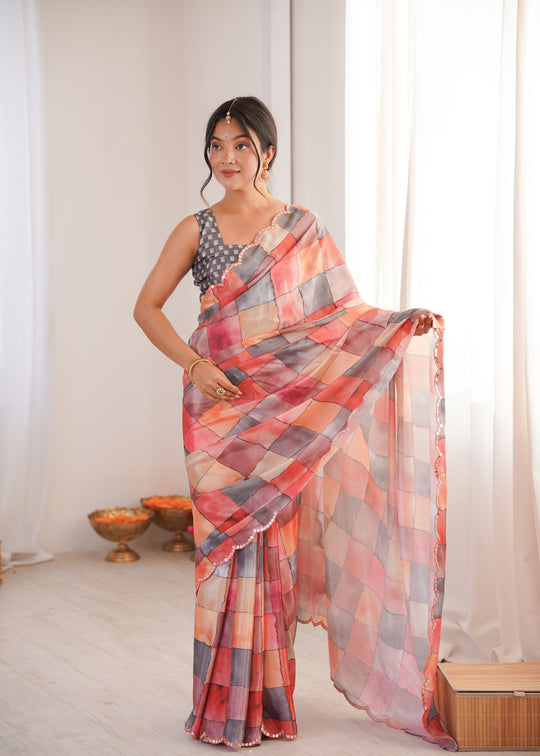 Multicolor Chinon Digital Printed Designer Saree with Blouse