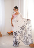 White Chinon Digital Printed Designer Saree with Blouse