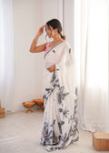 White Chinon Digital Printed Designer Saree with Blouse