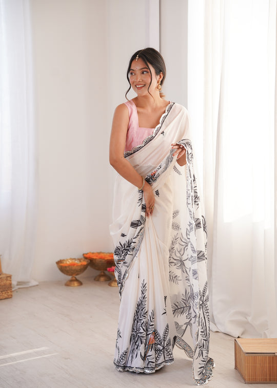 White Chinon Digital Printed Designer Saree with Blouse