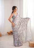 Grey Chinon Digital Printed Designer Saree with Blouse