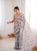 Grey Chinon Digital Printed Designer Saree with Blouse