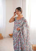 Grey Chinon Digital Printed Designer Saree with Blouse