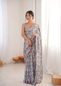 Grey Chinon Digital Printed Designer Saree with Blouse