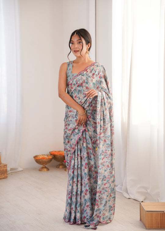 Grey Chinon Digital Printed Designer Saree with Blouse