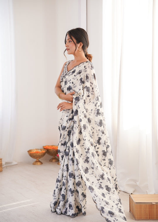 Off White Chinon Digital Printed Designer Saree with Blouse