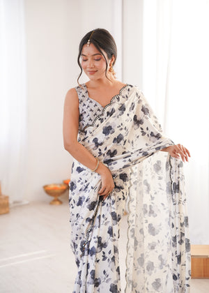 Off White Chinon Digital Printed Designer Saree with Blouse