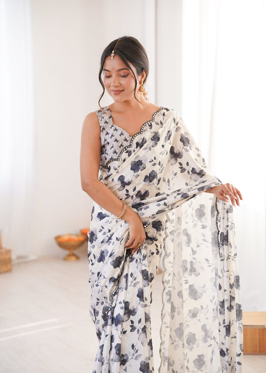 Off White Chinon Digital Printed Designer Saree with Blouse