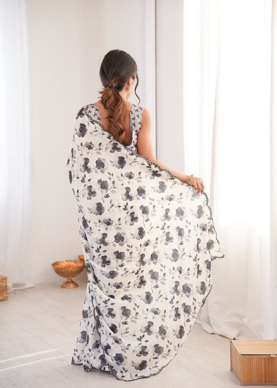 Off White Chinon Digital Printed Designer Saree with Blouse