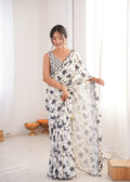 Off White Chinon Digital Printed Designer Saree with Blouse