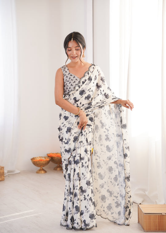 Off White Chinon Digital Printed Designer Saree with Blouse