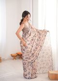 Beige Chinon Digital Printed Designer Saree with Blouse