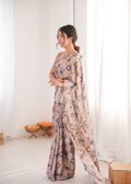 Beige Chinon Digital Printed Designer Saree with Blouse