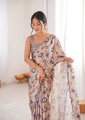 Beige Chinon Digital Printed Designer Saree with Blouse