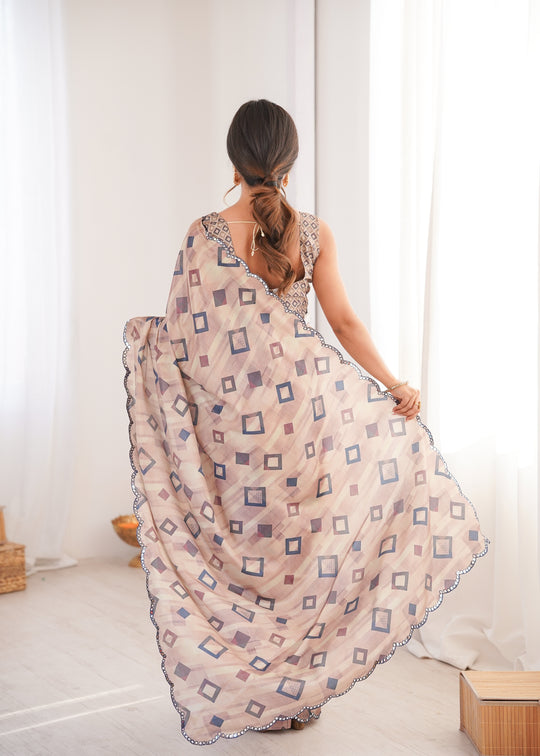 Beige Chinon Digital Printed Designer Saree with Blouse