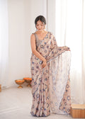 Beige Chinon Digital Printed Designer Saree with Blouse