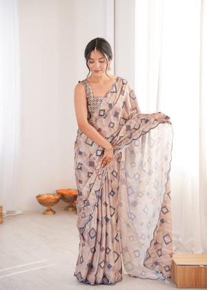Beige Chinon Digital Printed Designer Saree with Blouse