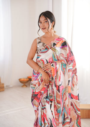 Multicolor Chinon Digital Printed Designer Saree with Blouse
