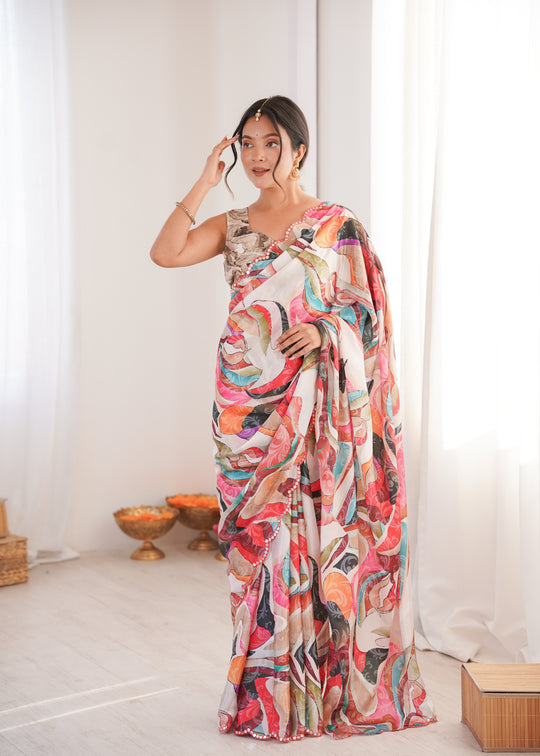 Multicolor Chinon Digital Printed Designer Saree with Blouse