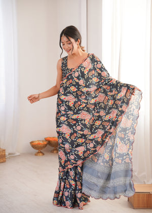 Black Chinon Digital Printed Designer Saree with Blouse