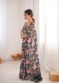 Black Chinon Digital Printed Designer Saree with Blouse