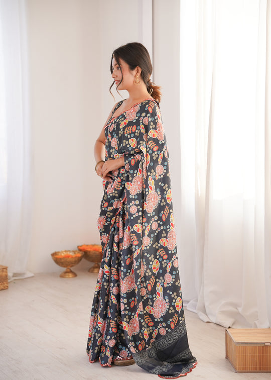 Black Chinon Digital Printed Designer Saree with Blouse