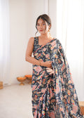 Black Chinon Digital Printed Designer Saree with Blouse