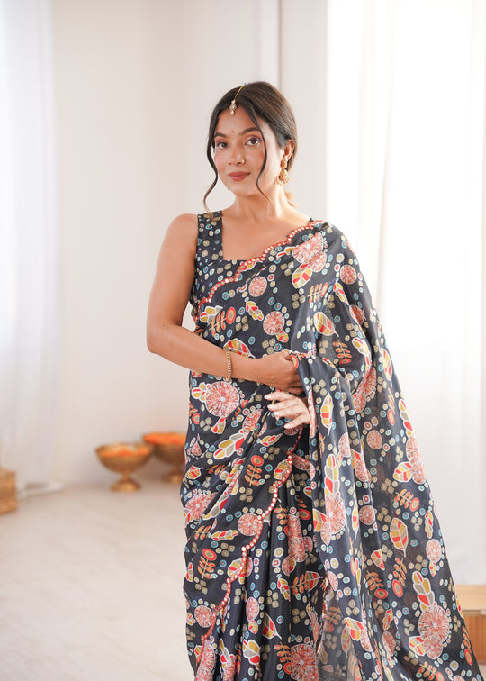 Black Chinon Digital Printed Designer Saree with Blouse