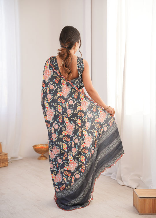 Black Chinon Digital Printed Designer Saree with Blouse