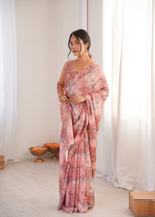 Peach Chinon Digital Printed Designer Saree with Blouse