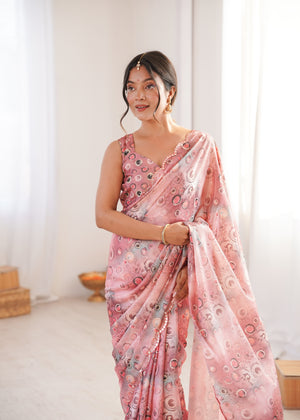 Peach Chinon Digital Printed Designer Saree with Blouse