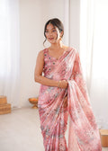 Peach Chinon Digital Printed Designer Saree with Blouse