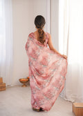 Peach Chinon Digital Printed Designer Saree with Blouse