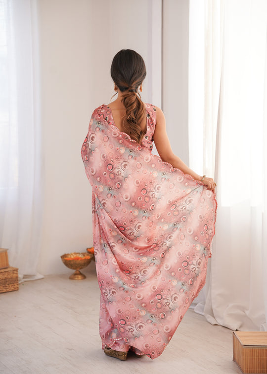 Peach Chinon Digital Printed Designer Saree with Blouse