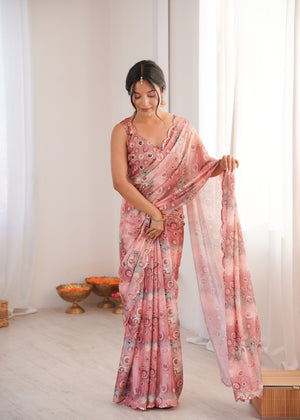 Peach Chinon Digital Printed Designer Saree with Blouse