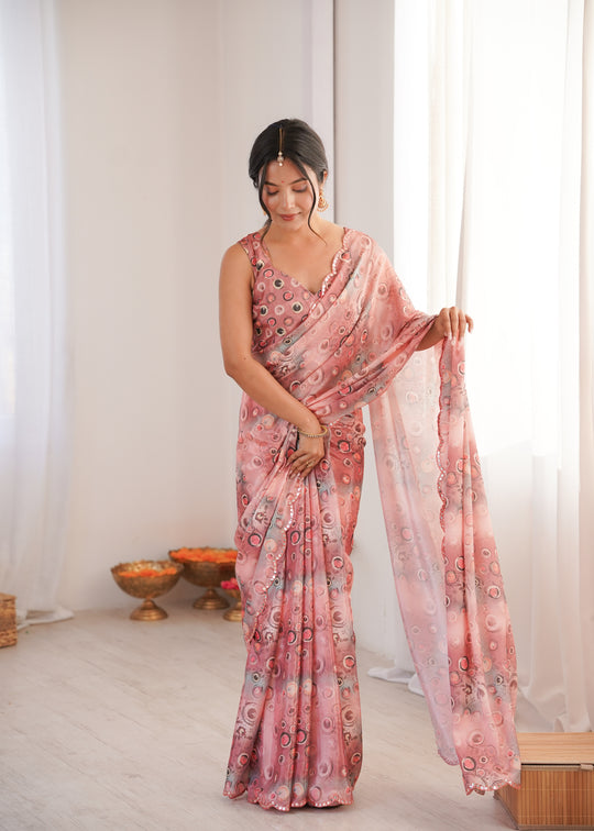 Peach Chinon Digital Printed Designer Saree with Blouse