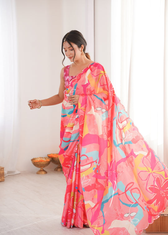 Multicolor Chinon Digital Printed Designer Saree with Blouse