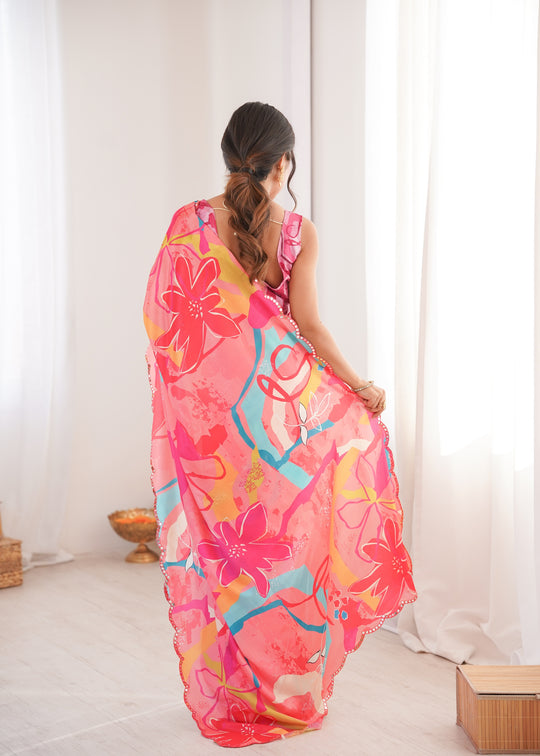 Multicolor Chinon Digital Printed Designer Saree with Blouse