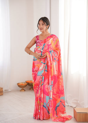 Multicolor Chinon Digital Printed Designer Saree with Blouse