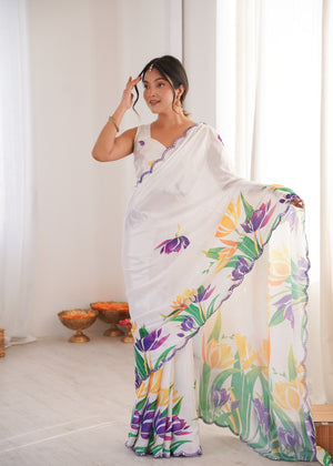 White Chinon Digital Printed Designer Saree with Blouse