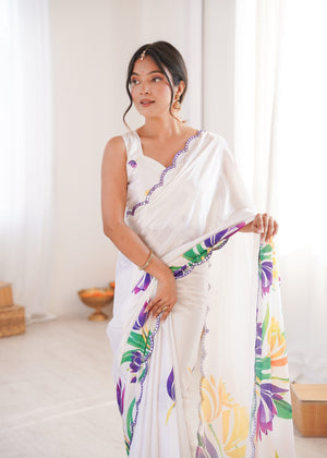 White Chinon Digital Printed Designer Saree with Blouse