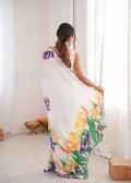 White Chinon Digital Printed Designer Saree with Blouse