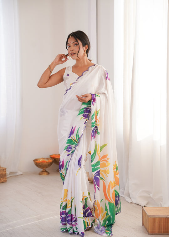 White Chinon Digital Printed Designer Saree with Blouse
