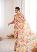 Multicolor Chinon Digital Printed Designer Saree with Blouse