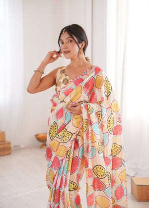 Multicolor Chinon Digital Printed Designer Saree with Blouse