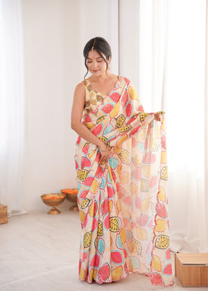 Multicolor Chinon Digital Printed Designer Saree with Blouse