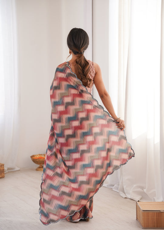 Multicolor Chinon Digital Printed Designer Saree with Blouse