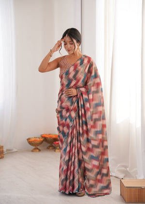 Multicolor Chinon Digital Printed Designer Saree with Blouse