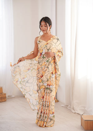 Cream Chinon Digital Printed Designer Saree with Blouse