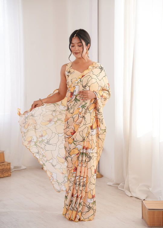 Cream Chinon Digital Printed Designer Saree with Blouse